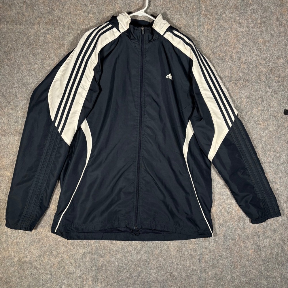 Adidas Windbreaker Jacket Mens XL Black White 3 Stripe Hooded Mesh Lined Zip Up